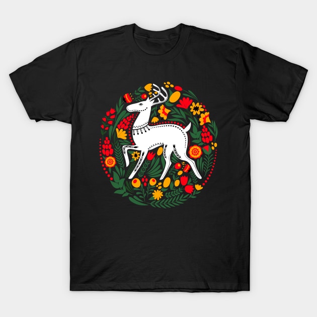 Folk Art White Stag with Flowers and Leaves T-Shirt by Pixelchicken